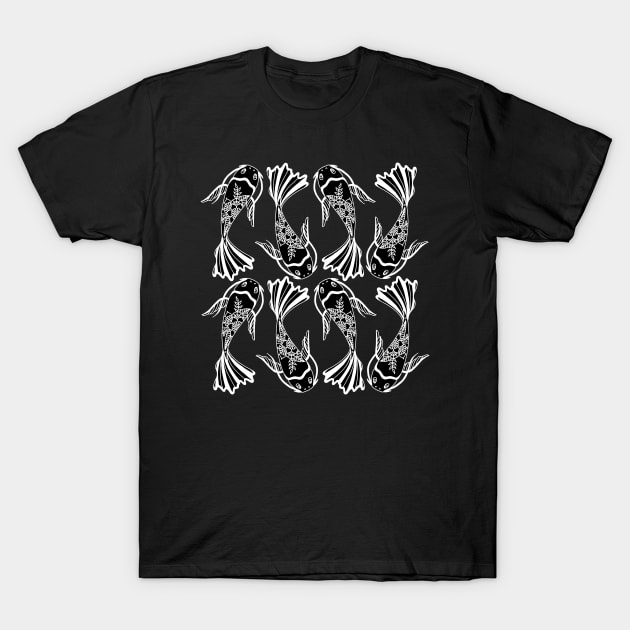 Koi Fish Pattern Black and White Palette T-Shirt by HLeslie Design